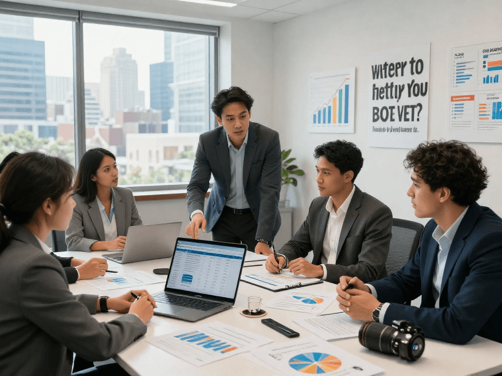 Professionals bespreken zakelijke lening opties in een moderne vergaderzaal met financiële documenten en een laptop.