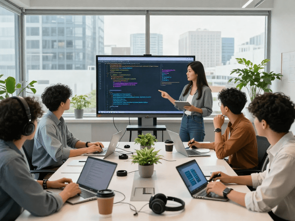 Dynamic team collaboration showcasing crushonai project development in a modern tech workspace.