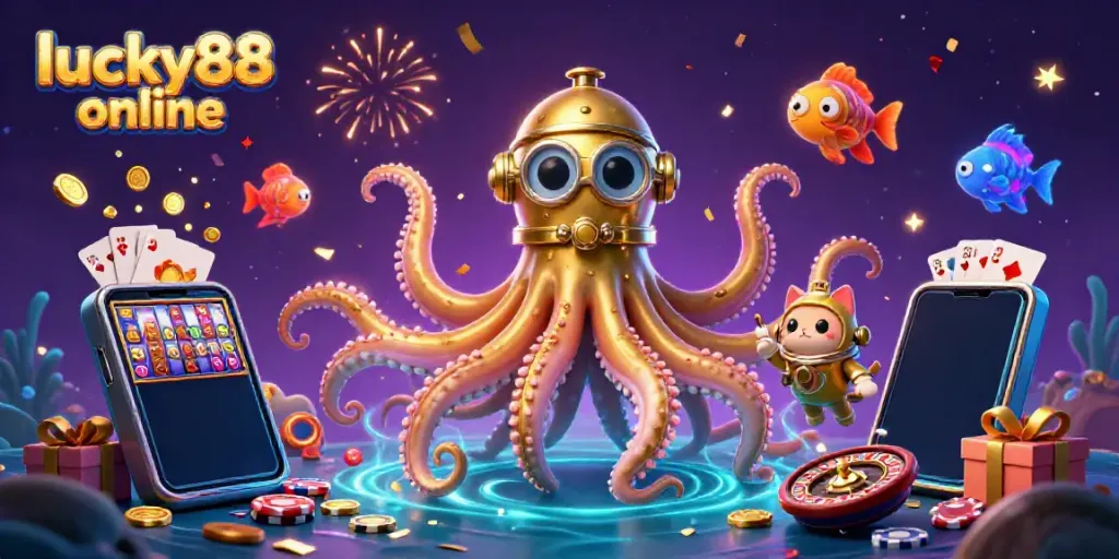 Experience lucky88 online with a thrilling 3D kraken, diving cat, and vibrant casino game elements.