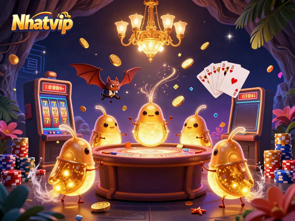 Nhatvip celebrates thrilling gameplay with a lively casino scene illuminated by glowworms.