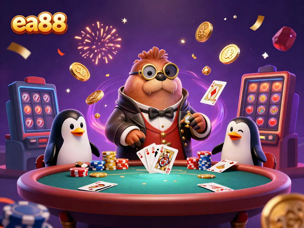 Experience thrilling poker action with ea88 featuring a walrus, penguin dealer, and bluffing pufferfish.