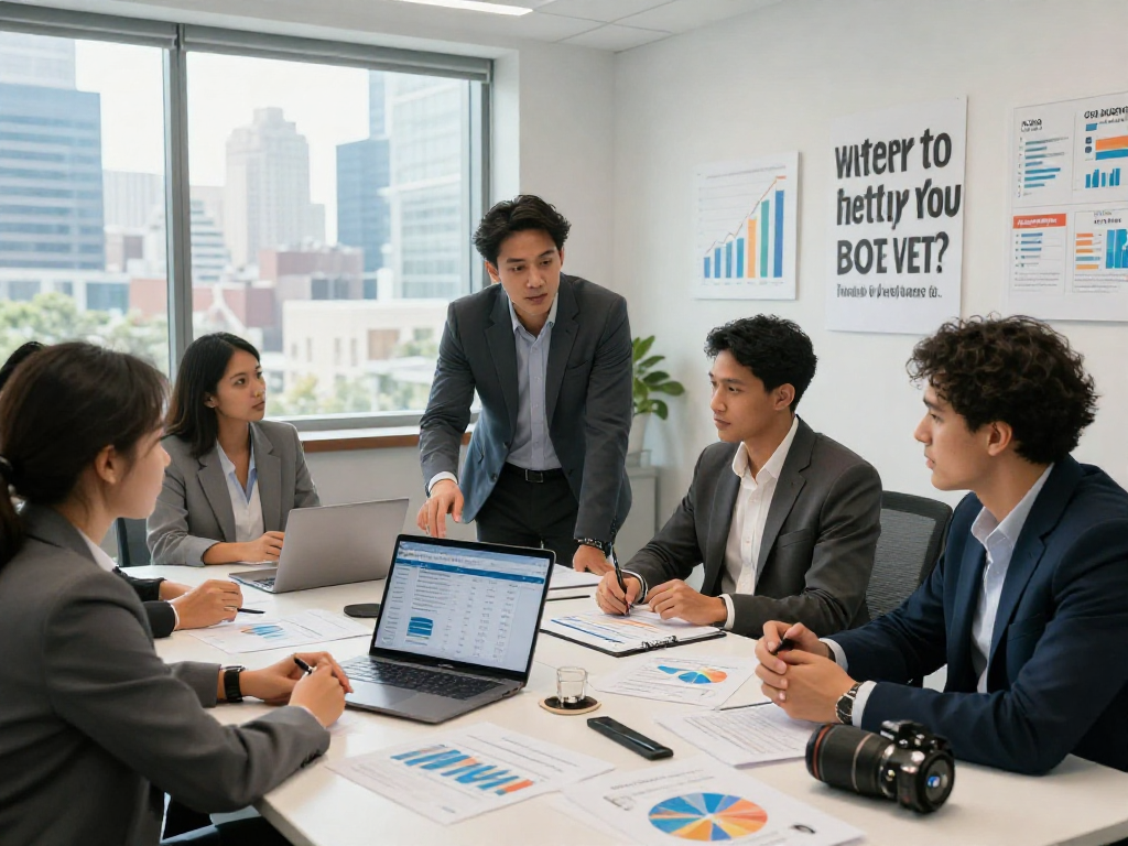 Professionals bespreken zakelijke lening opties in een moderne vergaderzaal met financiële documenten en een laptop.