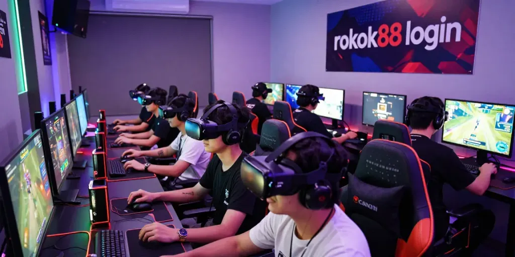 Enthusiasts using rokok88 login at a vibrant gaming tournament setup with colorful lights.