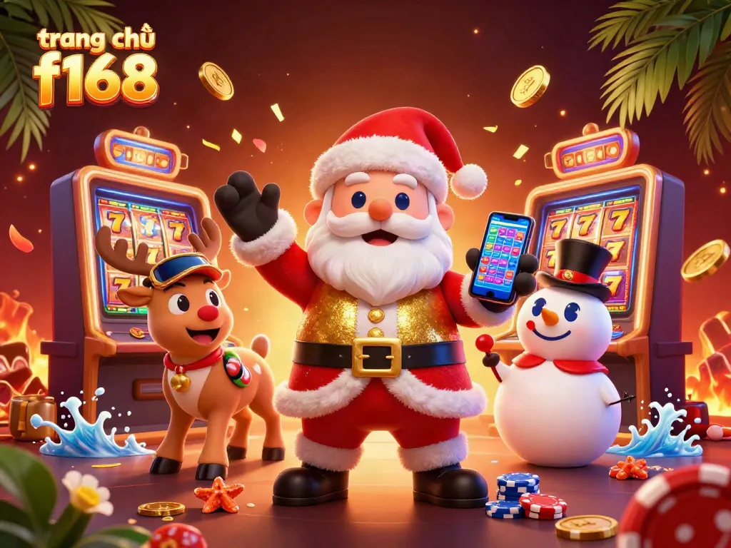 Experience the thrills at trang chủ f168 with Santa Claus and reindeer amidst jackpot slots and vibrant casino elements.