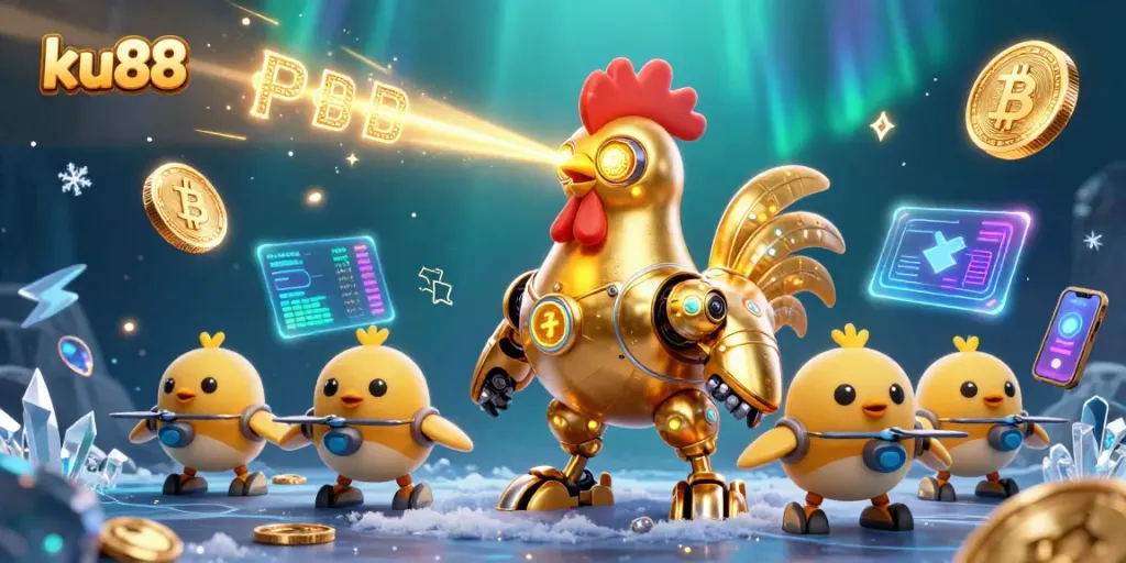ku88 players enjoying a vibrant casino experience with a futuristic golden rooster robot and crypto elements
