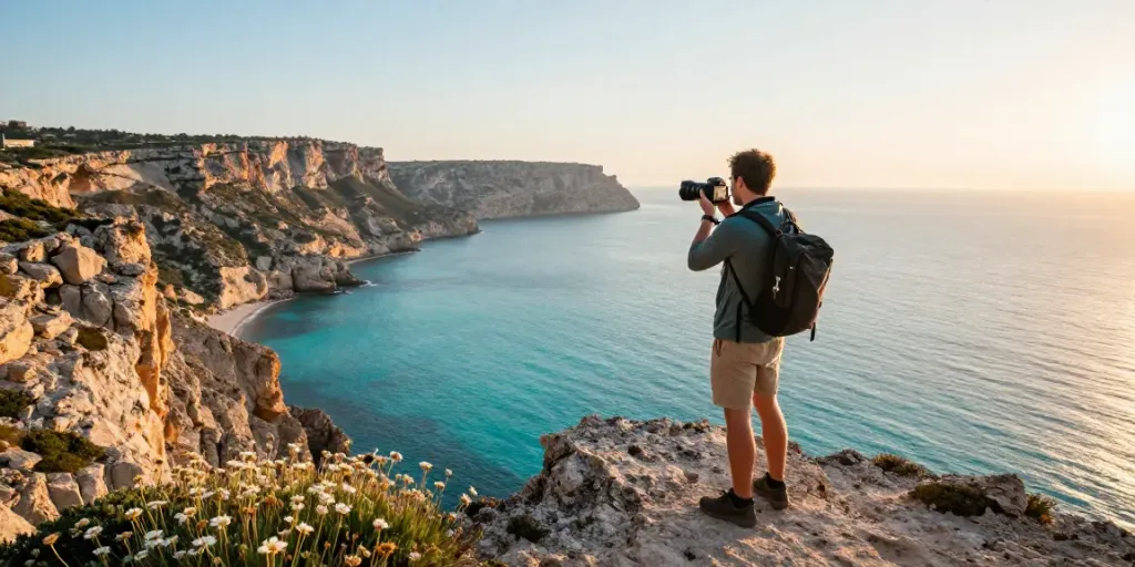 Gozo tours: Traveler capturing breathtaking coastal views of Gozo at sunrise.
