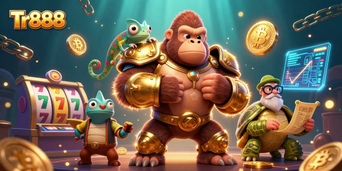 Spin the reels at Tr888 for big wins with a powerful gorilla, chameleon, and tortoise in a vibrant casino.