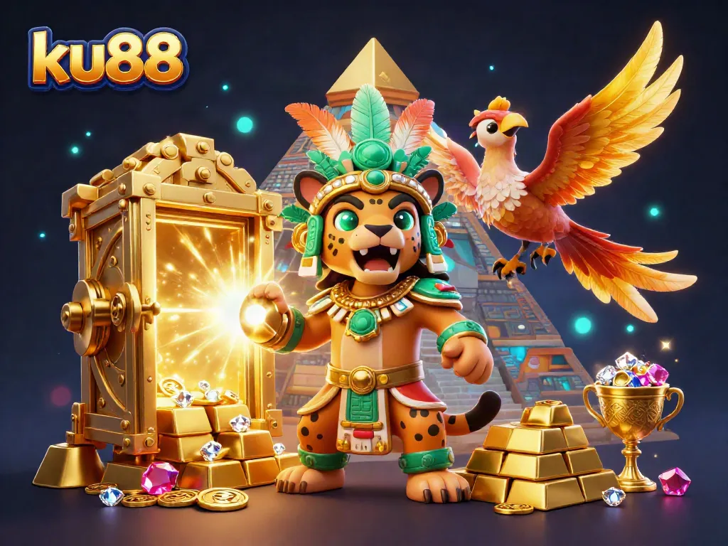 Experience thrilling gaming at ku88 with a dynamic Mayan priest surrounded by golden treasures.