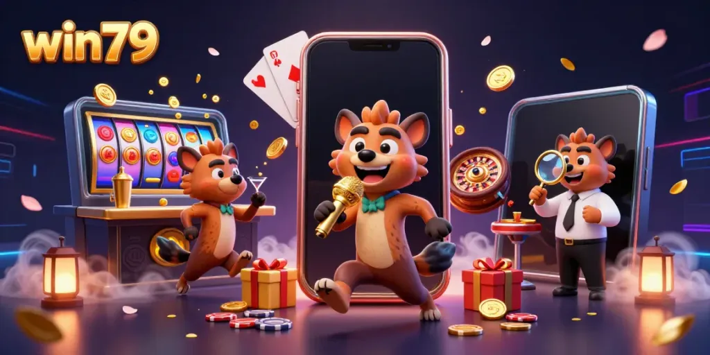 Win79 invigorates the gaming experience in a lively casino scene featuring humorous hyenas.