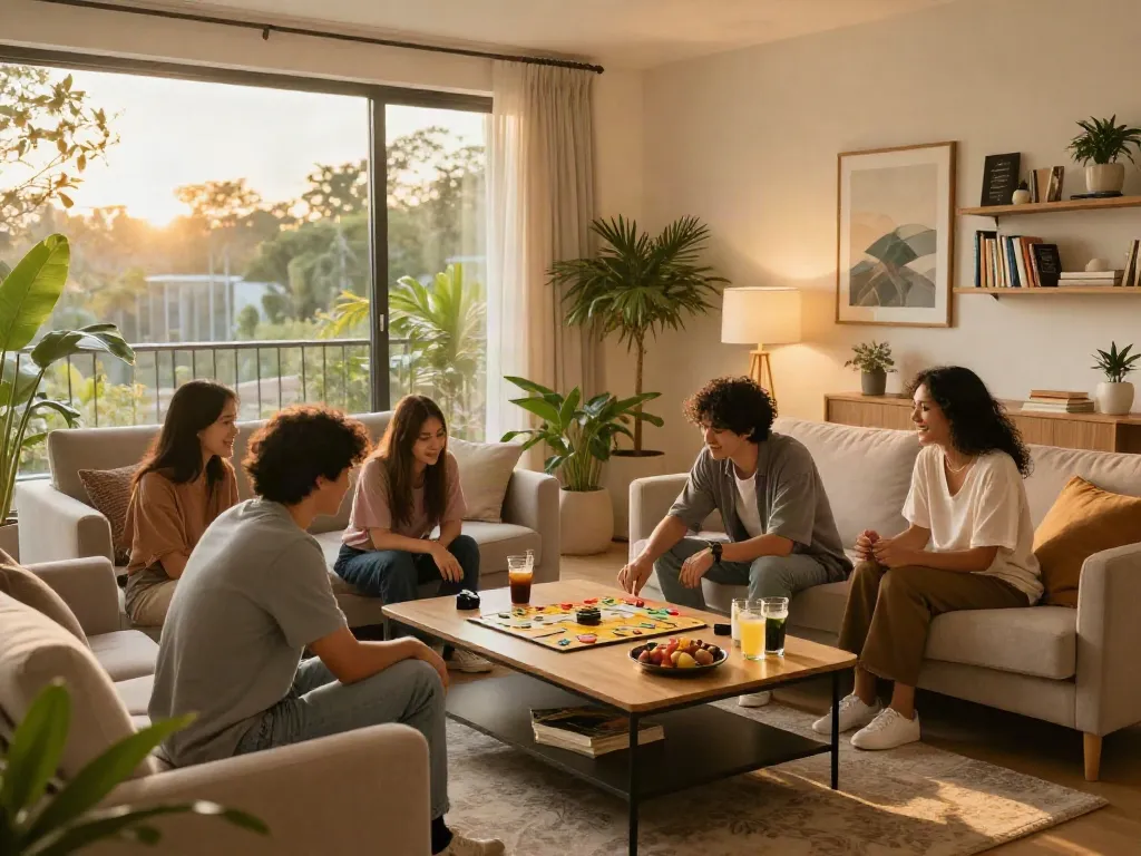 Cozy community living space at Berkat Home Living emphasizing comfort and lifestyle with young adults and warm lighting.
