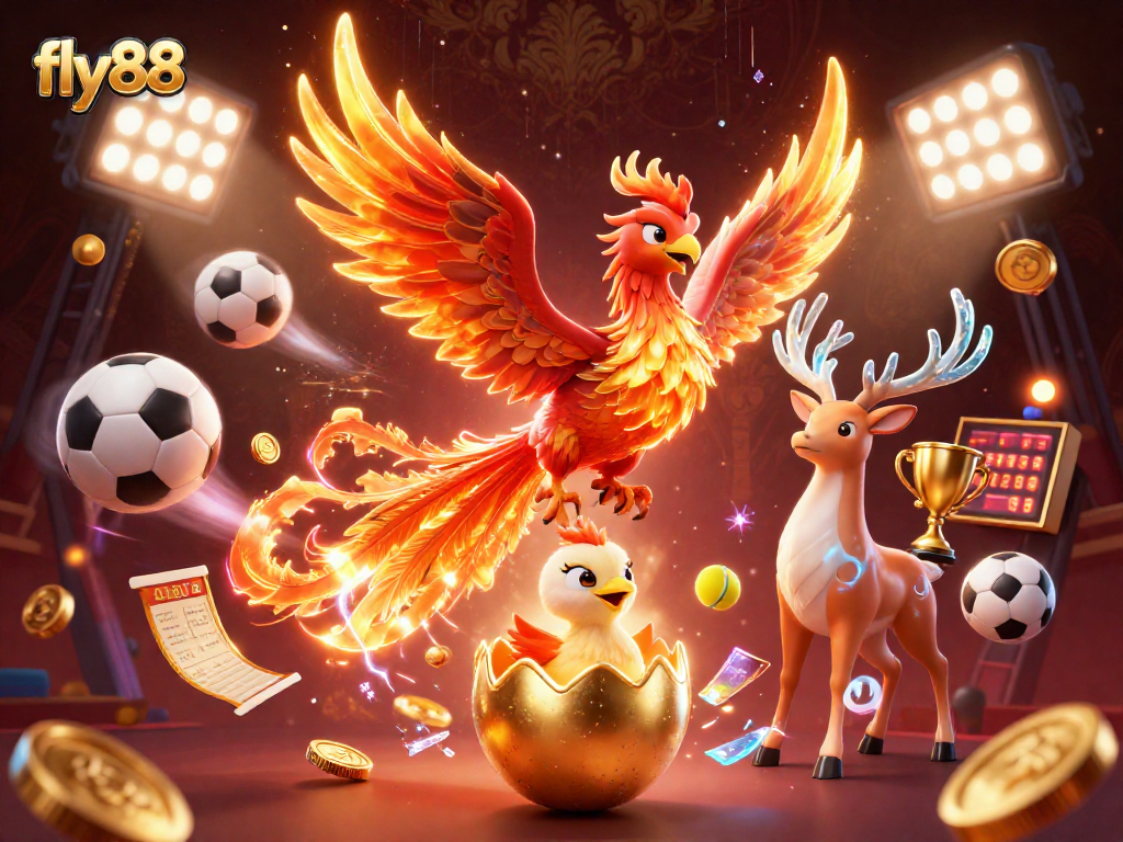 Engage with fly88's thrilling gaming experience featuring a phoenix, baby chick, and magical stag in dynamic action.