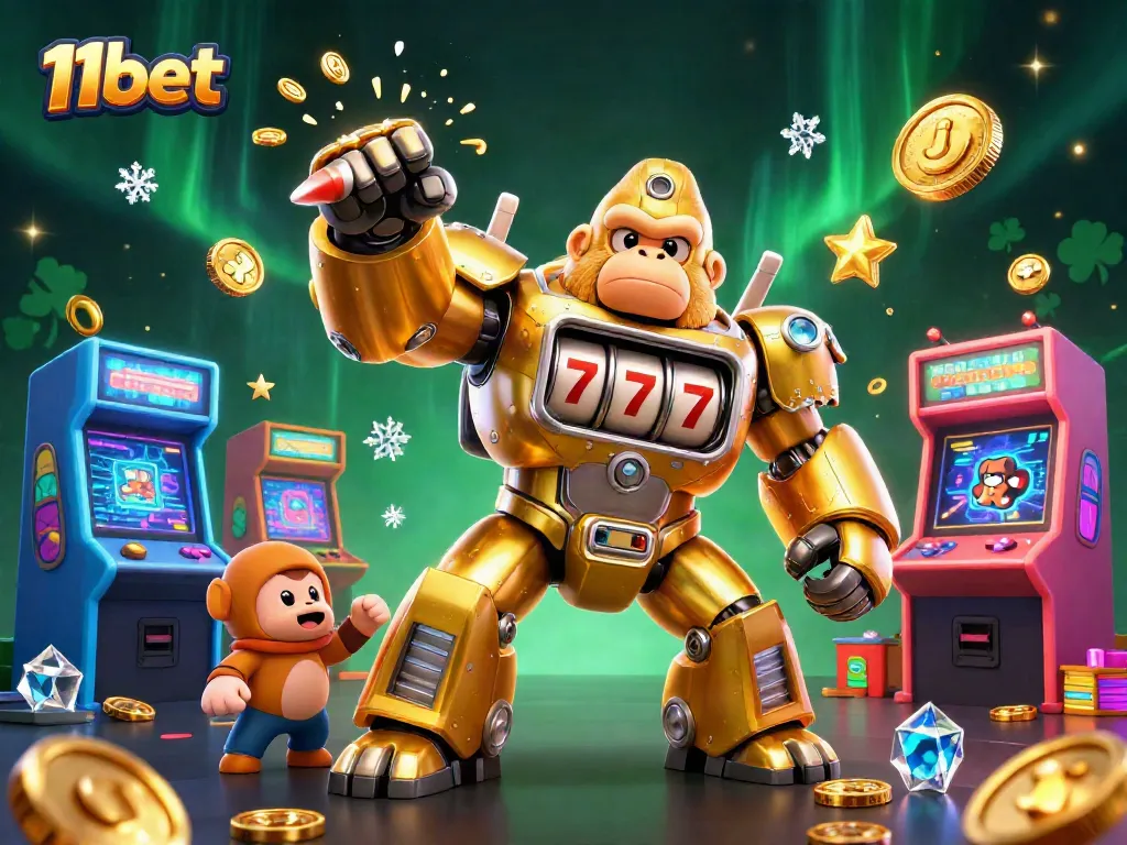 Experience 11bet's thrilling gaming adventure, featuring a transformative golden gorilla mech in a vibrant casino scene.