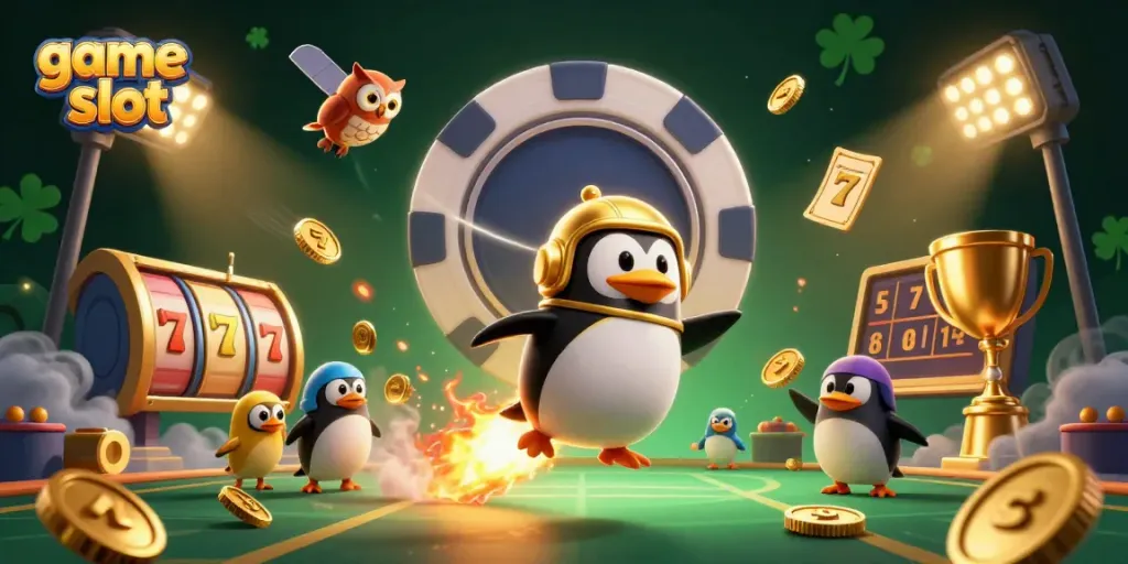 Experience thrilling game slot action with a dynamic casino scene featuring a golden penguin and vibrant winning elements.
