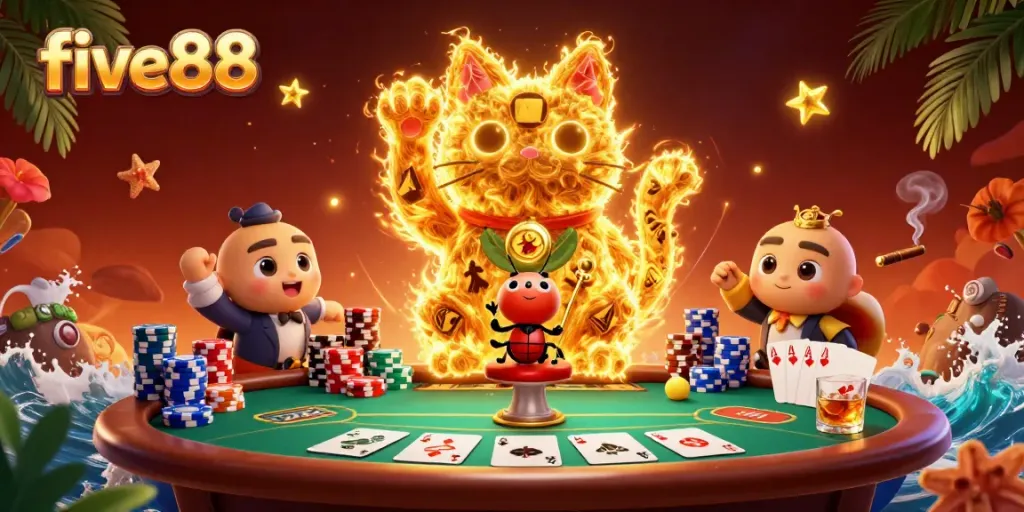 Experience winning at five88 with the playful golden fireflies and dynamic casino elements.