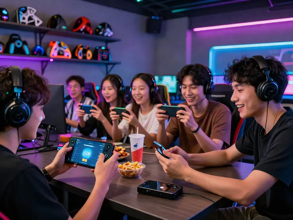 Group of friends enjoying the rokok88 apk gaming experience in a lively lounge.