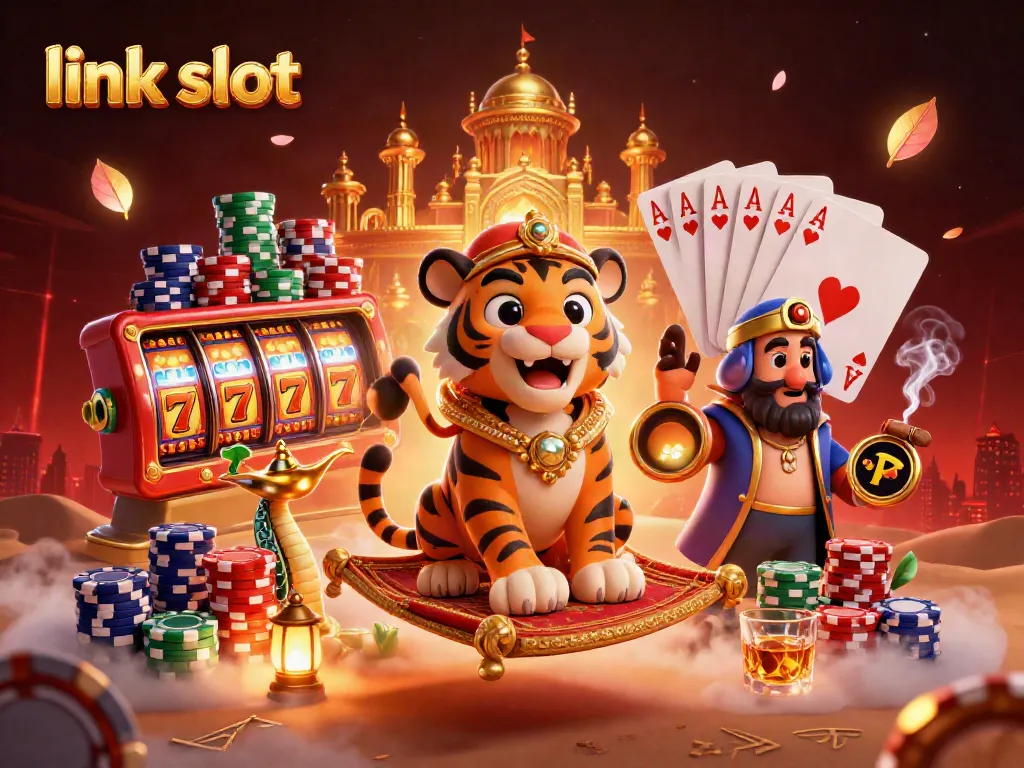 Engage with thrilling slot games at link slot as a tiger sultan rides a carpet of poker chips in a magical desert scene.