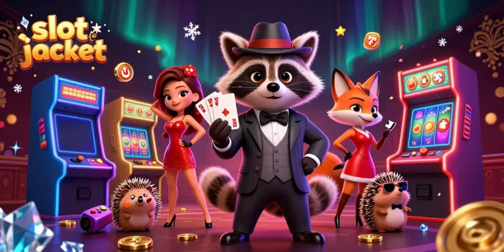 Engaging illustration of slot jackpot theme featuring raccoon, fox lady, and hedgehog with vibrant slot elements.