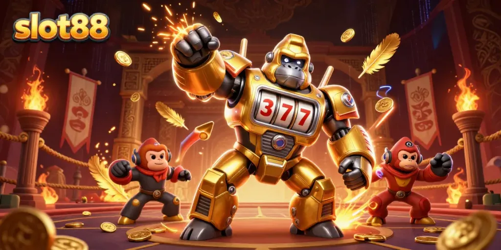 Engage with the thrilling slot88 experience as a golden gorilla mech bursts with coins and jackpots.