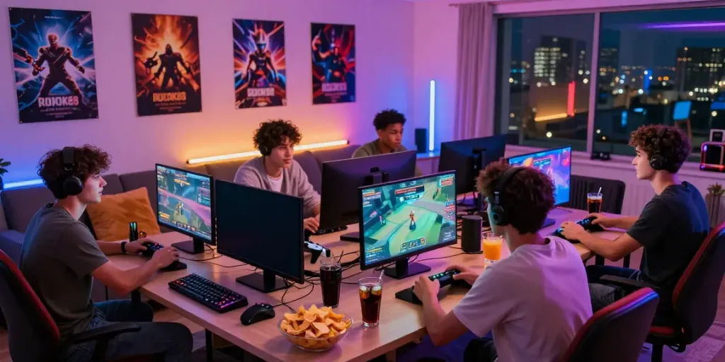 Group of friends enjoying ROKOK88 link gaming session in a vibrant living room.