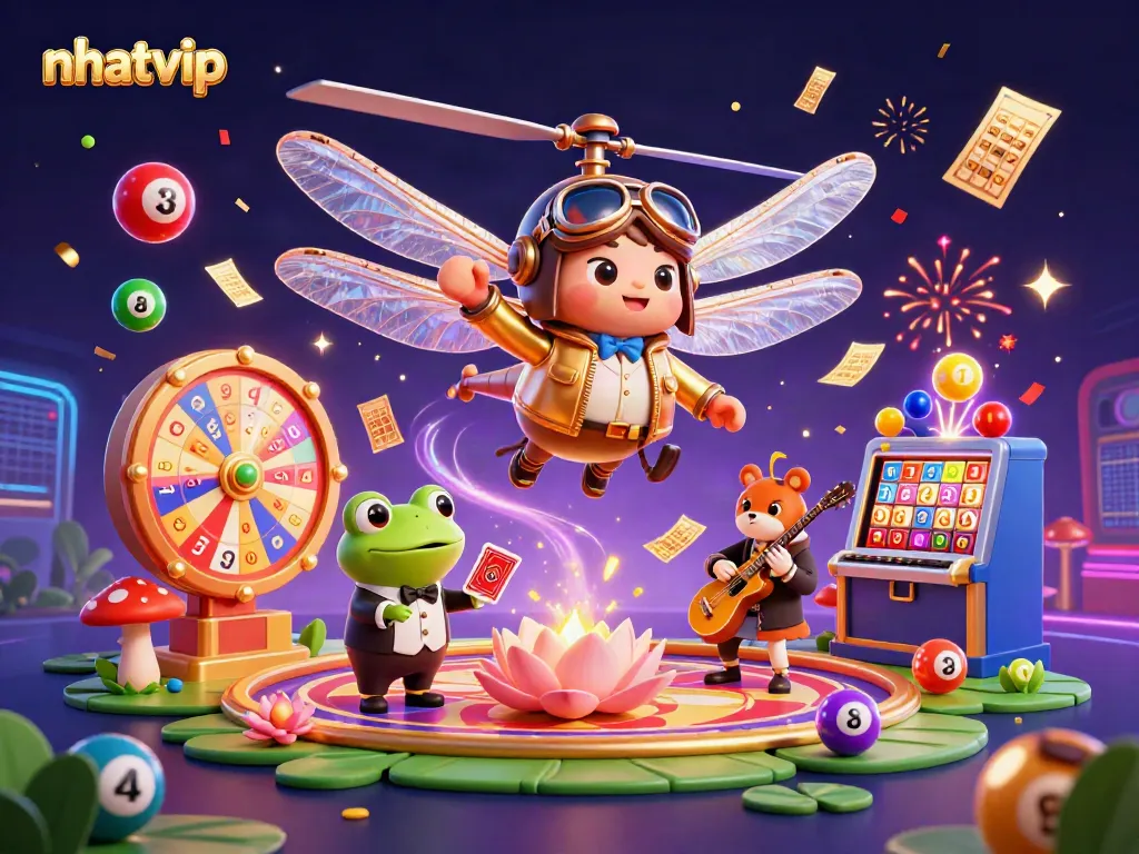 Experience excitement with nhatvip's vibrant casino scene featuring lively characters and dynamic lottery elements.