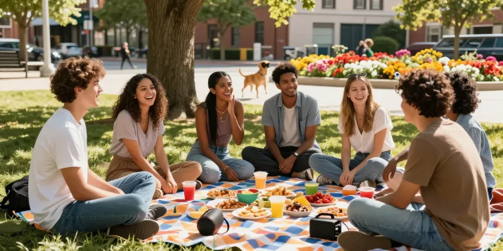 Group of friends enjoying a sunny day in the park, expressing excitement about a crush on someone.