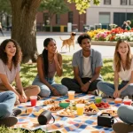 Group of friends enjoying a sunny day in the park, expressing excitement about a crush on someone.