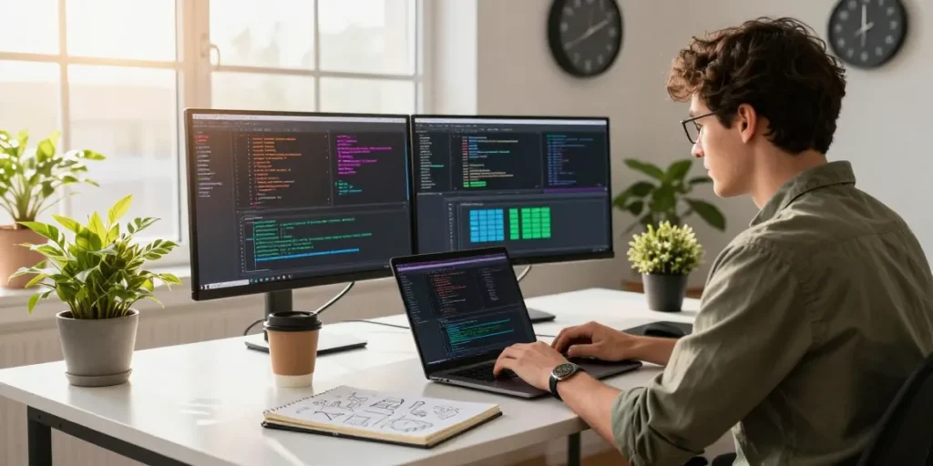 Download WPS Office in a modern tech workspace with a developer coding on dual monitors.