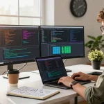 Download WPS Office in a modern tech workspace with a developer coding on dual monitors.