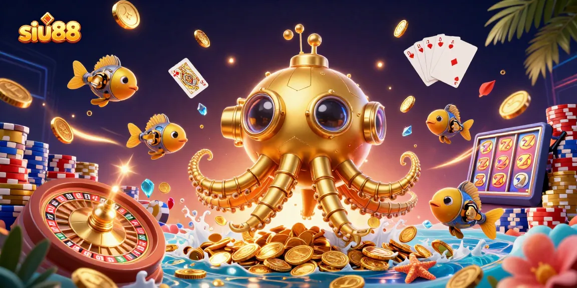 Win big with siu88 in a vibrant 3D gaming scene filled with golden coins and excitement.