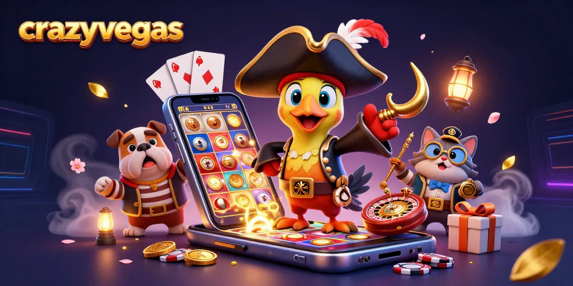 Engage with exciting no deposit bonuses at crazyvegas, illustrated by a vibrant scene of cartoon characters and casino game elements.